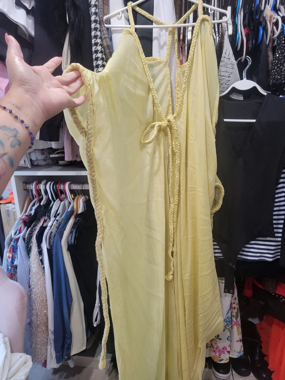 Mood Laboratory Light Yellow Braided-Trim Swim Kaftan with Tie Front